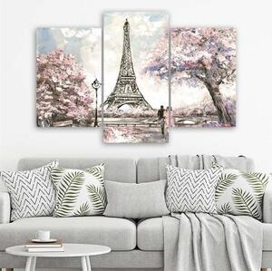 Obraz na plátně třídílný Eiffelova věž Paříž růžová malovaná - 60x40 cm