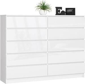 BDW, komoda s 10 zásuvkami, 160 × 40 × 121 cm, K160, bílý vysoký lesk