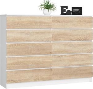 BDW, komoda s 10 zásuvkami, 160 × 40 × 121 cm, K160, bílá / dub Sonoma