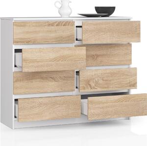 BDW, komoda s 8 zásuvkami, 120x99x40 cm, spousta úloného prostoru, bílá - dub Sonoma