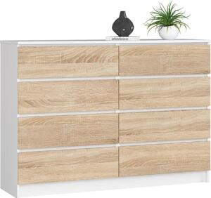 BDW, komoda s 8 zásuvkami, 138x40x99 cm, K140, bílá / dub sonoma
