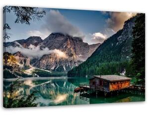 Obraz na plátně Chata u horského jezera v Dolomitech - 90x60 cm