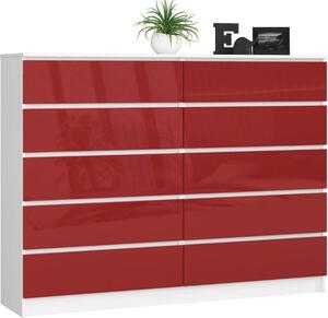 BDW, komoda s 10 zásuvkami, 160 × 40 × 121 cm, K160, bílá / ervená vysoký lesk