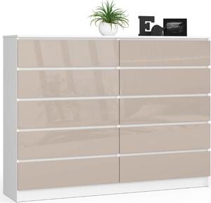 BDW, komoda s 10 zásuvkami, 160 × 40 × 121 cm, K160, bílá / cappuccino vysoký lesk
