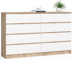 BDW, komoda s 8 zásuvkami, 160x40x99 cm, K160, dub Sonoma / bílá