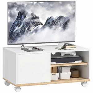 HOMCOM Rolling TV Stand with Cabinet, Cable Management & Adjustable Shelf, Fits TVs up to 32", White & Oak, 31.5 x 17.7 x 16.1 in | Aosom