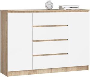 BDW, komoda se 4 zásuvkami, 139x40x99 cm, K140, dub Sonoma / bílá