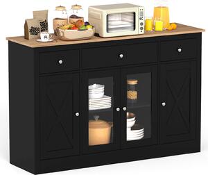 COSTWAY Sideboard, 140 cm, kuchyňská skříňka se 3 zásuvkami, 2 skleněnými dvířky a nastavitelnými policemi, bufetová skříňka, kuchyňský bufet ve venkovském stylu, dřevo, černá