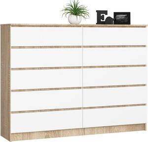 BDW, komoda s 10 zásuvkami, 160 × 40 × 121 cm, K160, dub Sonoma / bílá