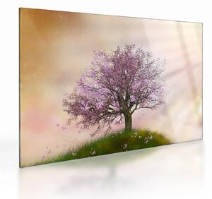 Skleněný obraz rozkvetlého stromu na vrcholku kopce (70x50 cm)