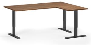 Rohový výškově nastavitelný stůl, 180x140 cm, 3 motory, L/P, černá podnož, ořech