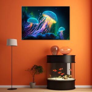 Obraz na plátně, Neonová medúza pod vodou - 60x40 cm