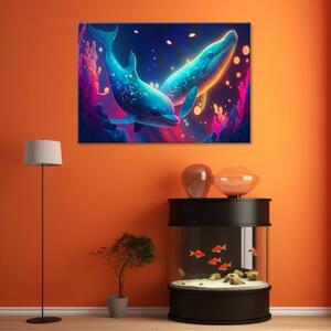 Obraz na plátně, Neonové velryby pod vodou - 60x40 cm