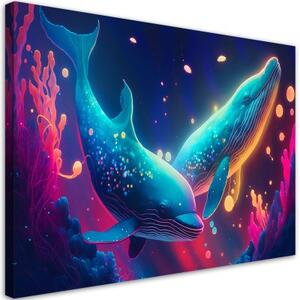 Obraz na plátně, Neonové velryby pod vodou - 60x40 cm