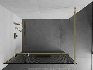 Mexen Kioto, sprchová zástěna s poličkou a ramínkem na ručníky 110 x 200 cm, 8mm sklo s žebrovým vzorem, zlatý profil, 800-110-121-50-09