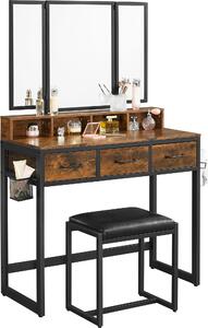 Toaletní stolek VASAGLE, toaletní stolek s trojdílným sklopným zrcadlem, kosmetický stolek s čalouněnou stoličkou, 3 zásuvky, industriální design, vintage hnědočerná RVT004B01