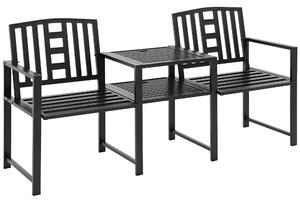 Outsunny Moderní zahradní lavice pro 2 osoby s stolem a otvorem na slunečník, venkovní nábytek 165x56x85,5cm Černá | Aosom