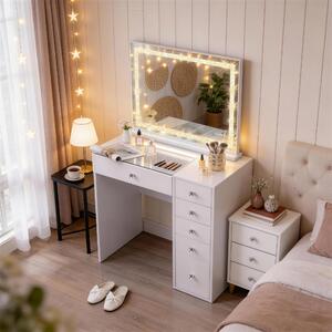 VANITII Kosmetický stolek se zrcadlem, LED osvětlením, Bluetooth, 6 zásuvkami, bílý, 92 x 55 x 139 cm