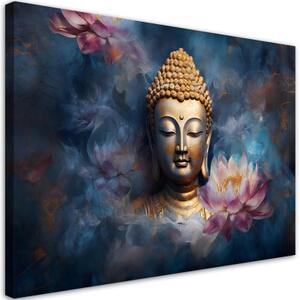 Obraz na plátně, zlatý buddha abstraktní lotosové květy - 120x80 cm