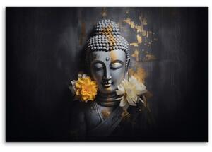 Obraz na plátně, květiny sochy Buddhy - 90x60 cm