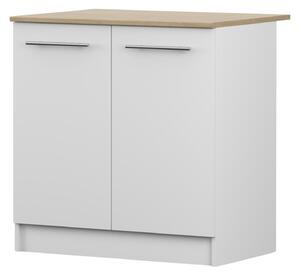 Spodní skříňka INEZ IV, kuchyň, dvoudveřová kuchyňská skříňka 80 cm, bílá/kamenný dub, se dvěma křídlovými dvířky a stříbrnými kovovými úchytkami