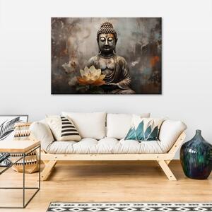 Obraz na plátně, socha buddhy s lotosovým květem - 60x40 cm
