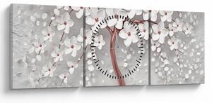 Obraz - Obraz bílého stromu s květinami, rosegold (s hodinami) (90x30 cm)