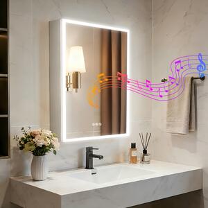 WISFOR Zrcadlová skříňka do koupelny s LED osvětlením, rozměry 50x70 cm. Koupelnová skříňka s Bluetooth zásuvkou, funkcí proti zamlžování a třemi barvami světla, ovládáním dotykem