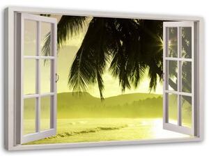 Obraz na plátně Výhled z okna Palmy Západ slunce - 100x70 cm