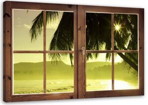 Obraz na plátně Výhled z okna Palmy Západ slunce - 100x70 cm