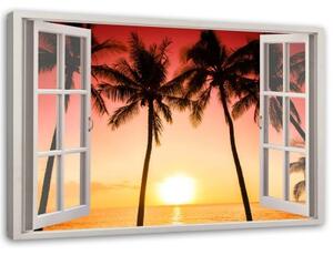 Obraz na plátně Palmové okno při západu slunce - 120x80 cm