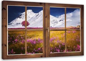Obraz na plátně Výhled z okna květiny příroda hora - 120x80 cm