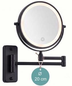 Zrcadlo do koupelny Relaxdays, nástěnné, s LED osvětlením, 10x zvětšení, otočné o 360°, průměr 20 cm, kov, napájení baterií, USB, barva: černá