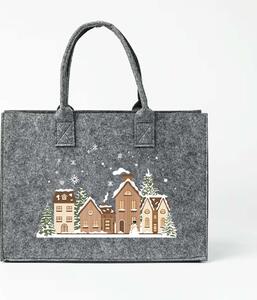 TAŠKA VÁNOČNÍ PLSTĚNÁ ŠEDÁ 30X16X42CM ZASNĚŽENÉ DOMKY