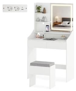 Toaletní stolek COSTWAY se stoličkou a tříbarevným LED zrcadlem, toaletní stolek s integrovanou nabíjecí stanicí a zásuvkami, kosmetický stolek 80x39x142 cm