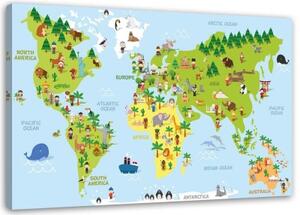 Obraz na plátně Mapa světa zvířat - 90x60 cm