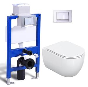 Kompletní sada předstěnových klozetových prvků - 82cm skrytá splachovací nádržka + závěsný klozet bez okrajů závěsný klozet + obdélníková chromovaná tlačná deska HOROW