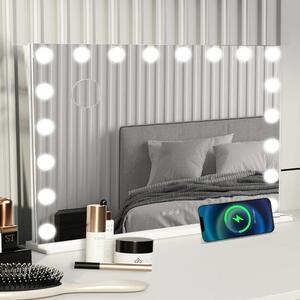 AjieQaQ Kosmetické zrcadlo Hollywood 18 LED 80x60 cm, 3 barvy světla, stmívatelné na líčení, s osvětlením, 10x zvětšení, nástěnné zrcadlo bílé