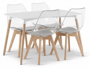 Jídelní set 1 + 4, bílý stůl ADRIA 120x80 cm + transparentní židle BALI MARK s bukovými nohami