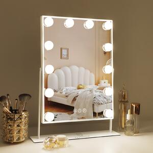 VANITII Make-up zrcadlo s osvětlením 30 x 41 cm LED osvětlení 12 stmívatelných světel 3 barevné režimy Make-up zrcadlo otočné o 360° pro toaletní stolek bílé barvy