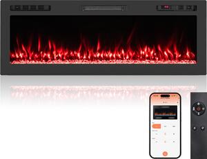 COSTWAY 50" elektrický krb s ohřevem 750W/1500W, vestavěný krb nástěnný krb s dálkovým ovládáním/ovládáním aplikací WiFi, 12 barev plamene a časovačem 127x10x46cm