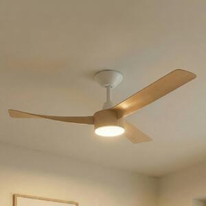 Lucande Stropní ventilátor Airona s LED osvětlením, bílý/dřevěný, DC, tichý,, stmívatelný, Světlé dřevo, Obývací pokoj / jídelna, Plast, Moderní
