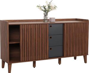 Příborník HWC-M48, komoda, úložný prostor s posuvnými dveřmi, MDF 81x150x40cm vzhled ořechu, zásuvky tmavě šedé