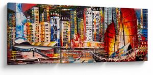 Obraz - Victoria Harbor, Hong Kong, olejomalba (s hodinami) (90x30 cm)