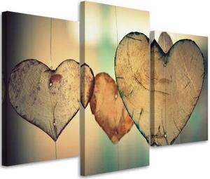 Obraz na plátně třídílný Srdce dřeva Love Retro - 120x80 cm