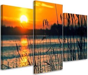 Obraz na plátně třídílný Západ slunce Jezero Tráva Příroda - 150x100 cm