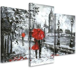 Obraz na plátně třídílný Procházka v Londýně v červeném - 60x40 cm