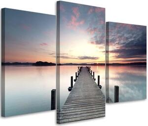 Obraz na plátně třídílný Molo u jezera při západu slunce - 150x100 cm