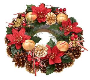 Adventní šiškový věnec POINSETTIA s mašlí 30 cm