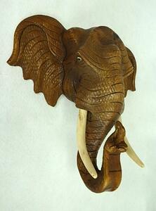 Závěsná dekorace Slon hnědá, dřevo Suar, ruční práce (Sloní hlava na zeď)